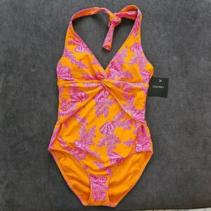 Ellen Tracy Women's Coral print pink & orange Halter One Piece Swimsuit Size 12